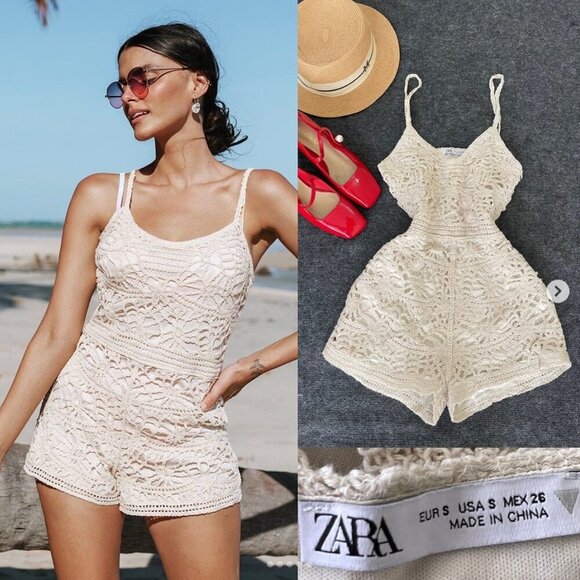 Zara Short Crochet Jumpsuit Romper Cream NWT Size Medium - Picture 5 of 12